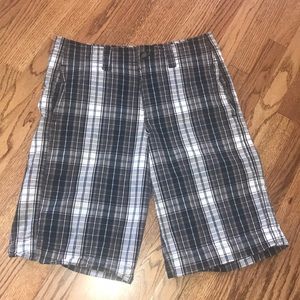 Black brown white plaid shorts